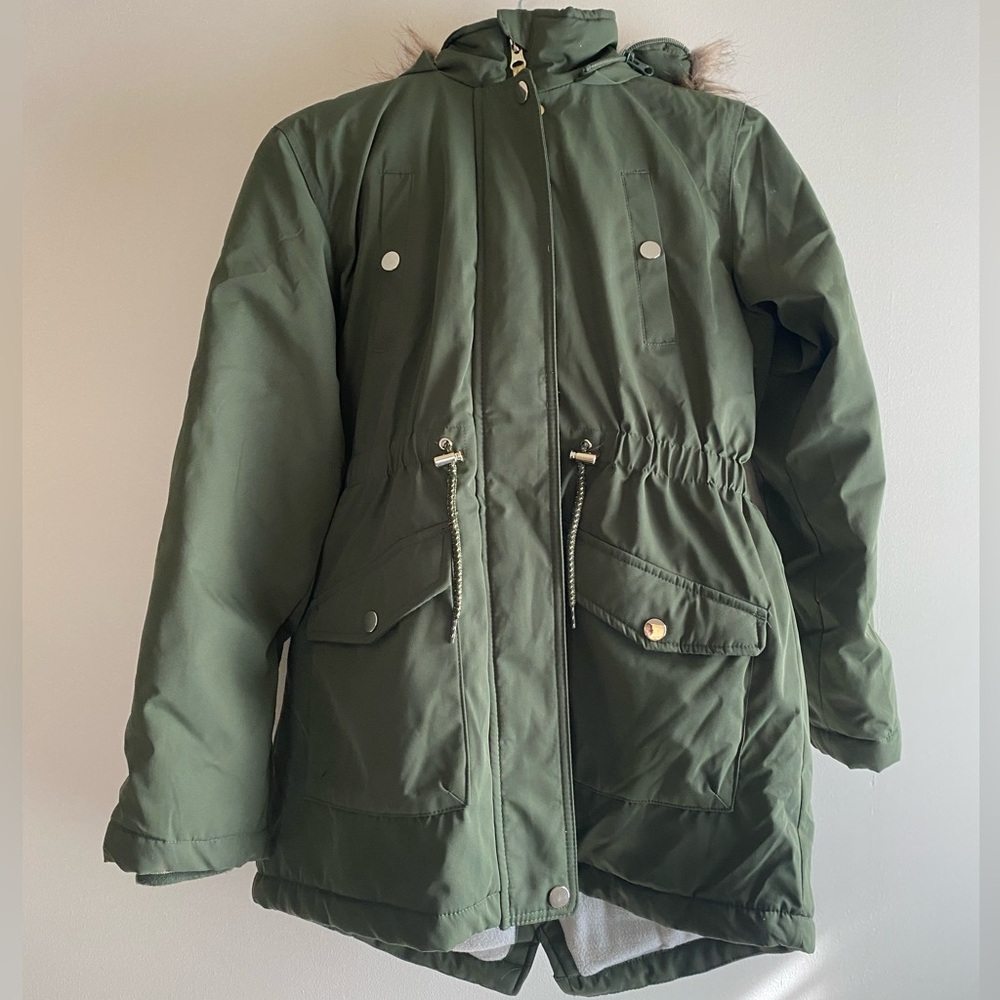 Member's Mark Girl's Parka Jacket Green Faux Fur Hood Fleece Lined Size 10/12